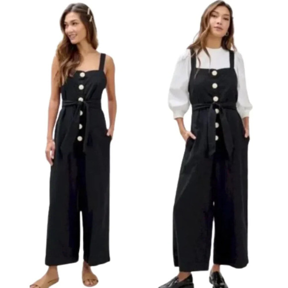 Mary Lawless Lee x Splendid Button Jumpsuit Black Linen Blend 22172 - Picture 2 of 15